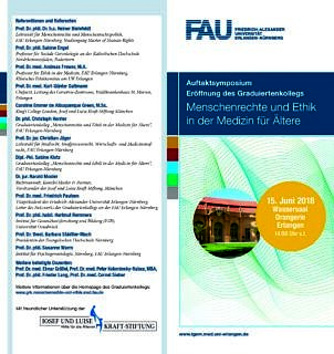 Flyer zum Auftaktsymposium der Eröffnung des Graduiertenkollegs Menschenrechte und Ethik in der Medizin für Ältere